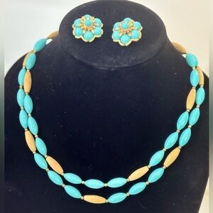 Vintage faux turquoise matte gold tone necklace and earrings set
